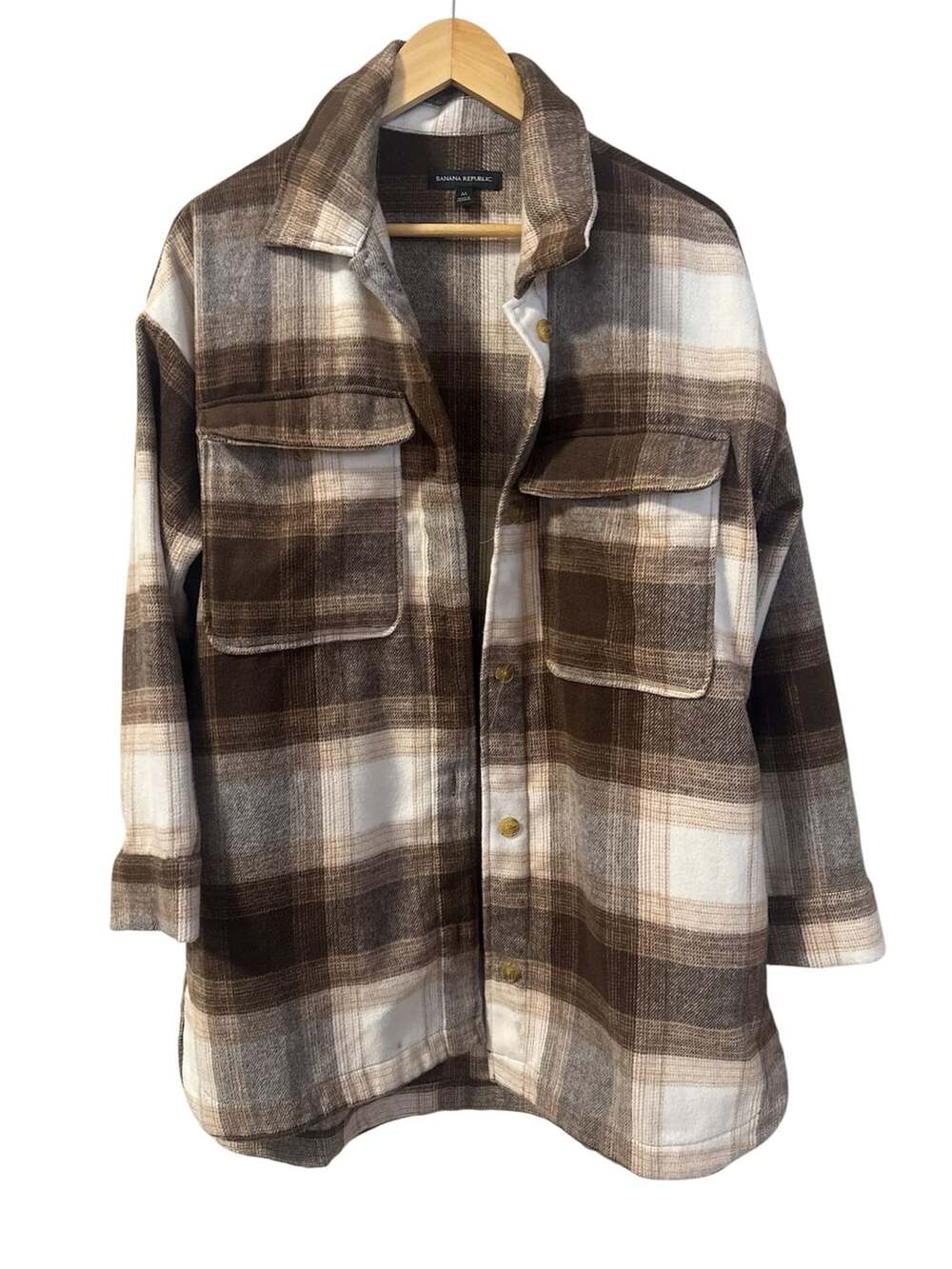 Banana Republic Plaid Shirt Jacket Size M Brown White Button Up Shacket